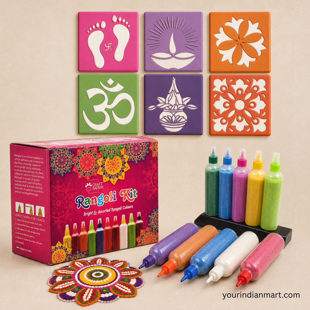 Rangoli Stencil and Colours Kit for Home Puja and Festive Use