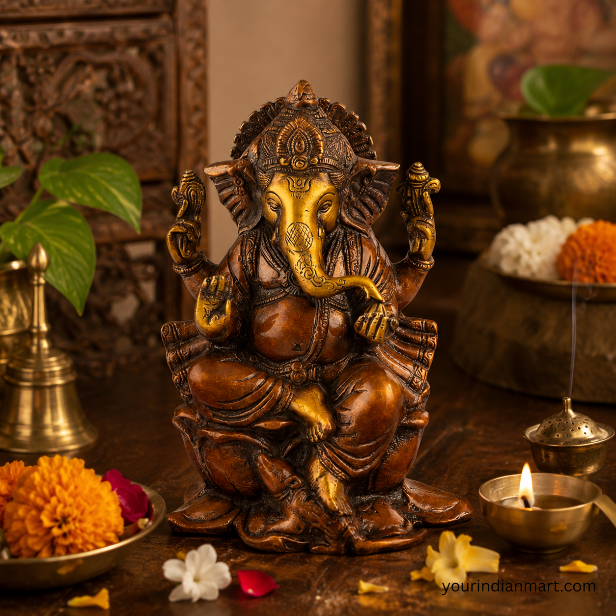 Brass Ganesh Idol for Home Temple Decor - Image 2