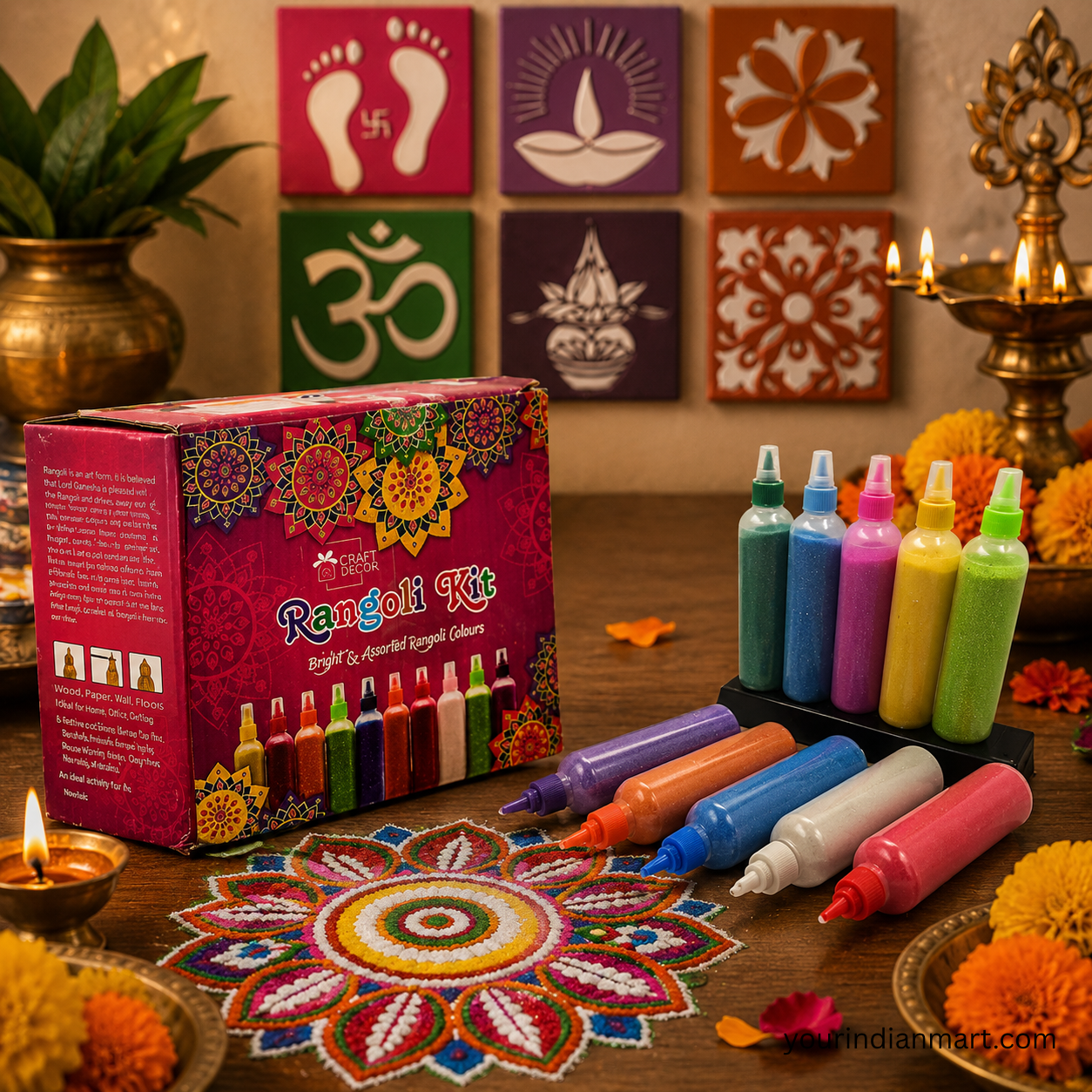 Rangoli Stencil and Colours Kit for Home Puja and Festive Use - Image 2