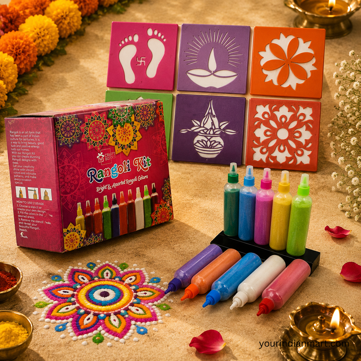 Rangoli Stencil and Colours Kit for Home Puja and Festive Use - Image 3