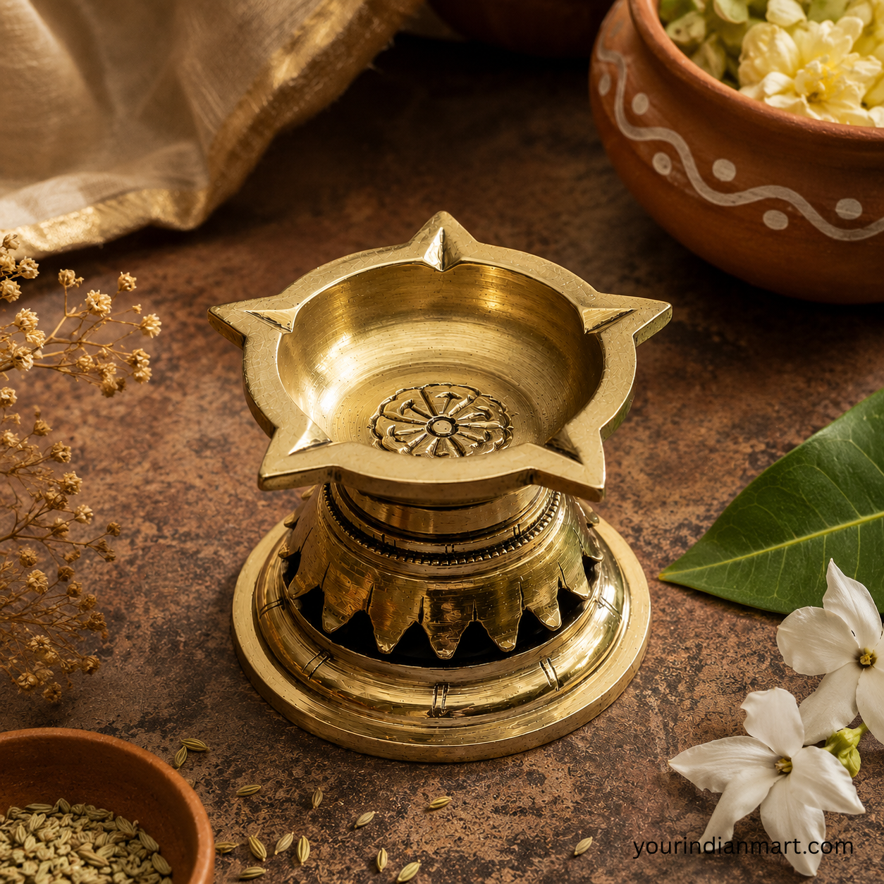 Traditional Brass Diya Set of 5 for Home Puja - Image 3