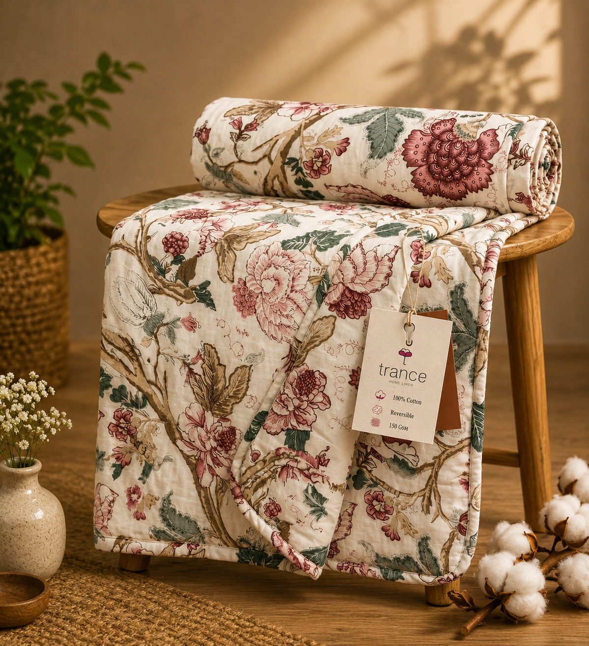 Kantha Hand-Quilted Cotton Quilt