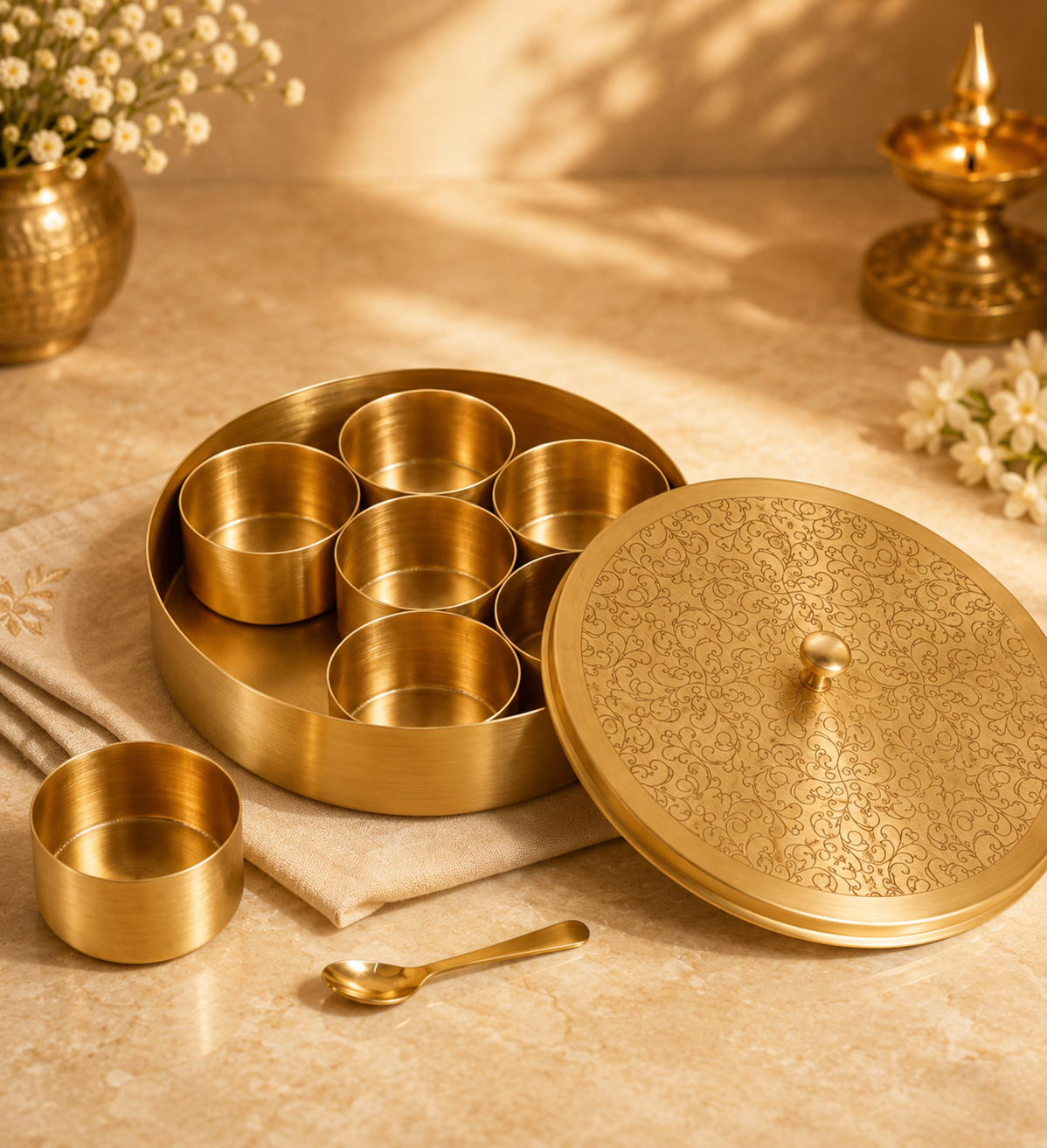 Brass 7-Jar Spice Box Masala Dani