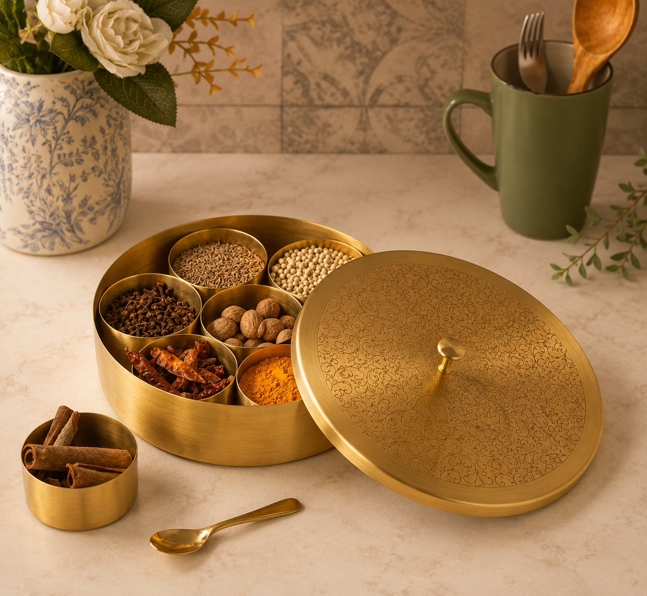 Brass 7-Jar Spice Box Masala Dani - Image 2
